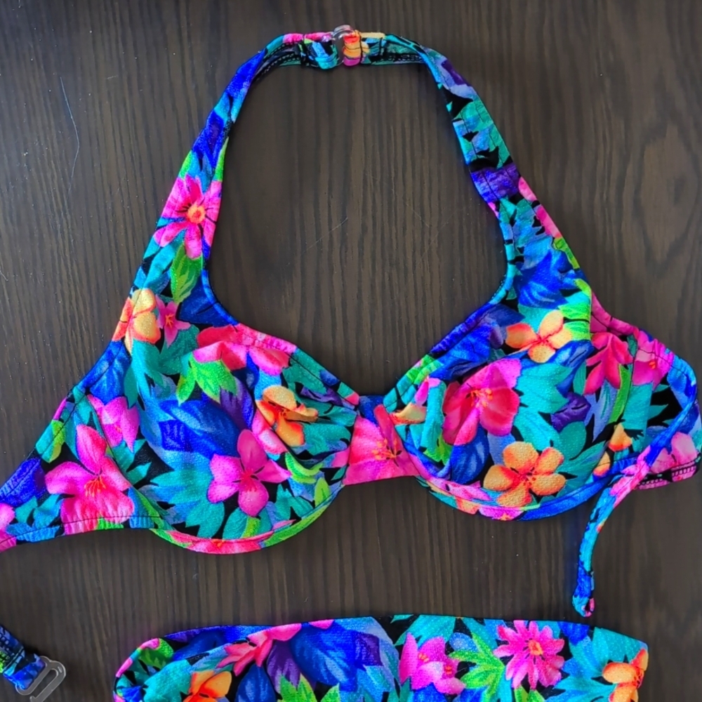 Vintage Le Cove High Waist Neon Floral Bikini Swimsuit - Picture 3 of 14